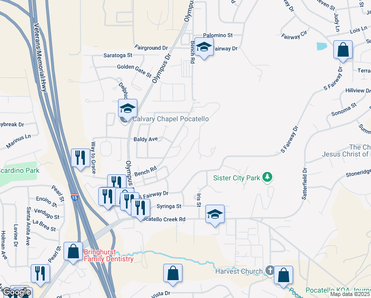 map of restaurants, bars, coffee shops, grocery stores, and more near 1544 Bench Road in Pocatello