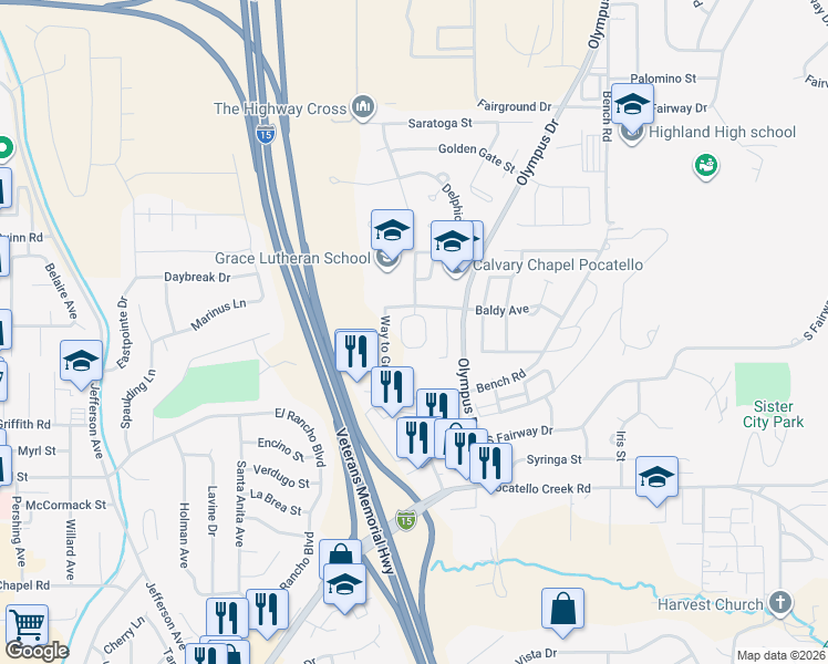 map of restaurants, bars, coffee shops, grocery stores, and more near 1501 Baldy Avenue in Pocatello