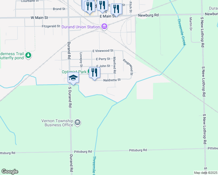 map of restaurants, bars, coffee shops, grocery stores, and more near 208 Creek Pointe Circle in Durand
