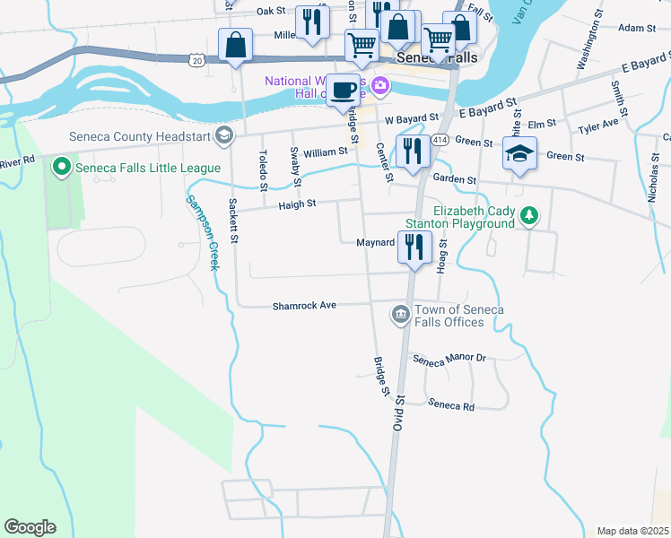 map of restaurants, bars, coffee shops, grocery stores, and more near 26 Mechanic Street in Seneca Falls