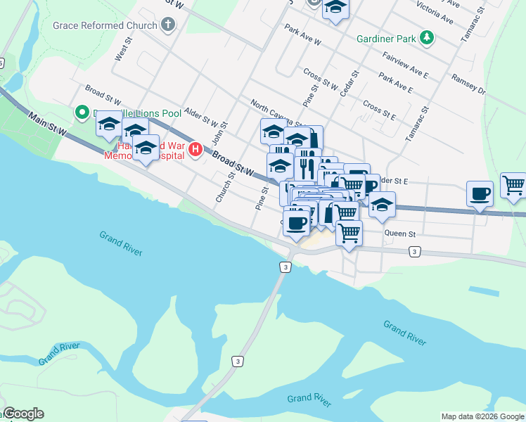 map of restaurants, bars, coffee shops, grocery stores, and more near 123 Pine Street in Haldimand County
