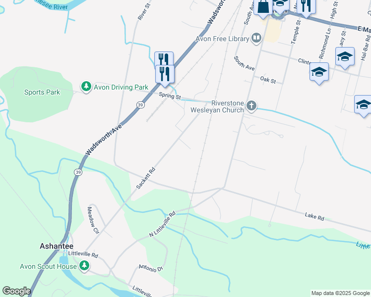 map of restaurants, bars, coffee shops, grocery stores, and more near 168 Sackett Road in Avon