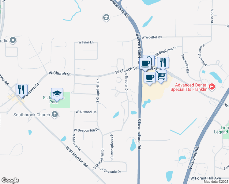 map of restaurants, bars, coffee shops, grocery stores, and more near 7839 South Scepter Drive in Franklin