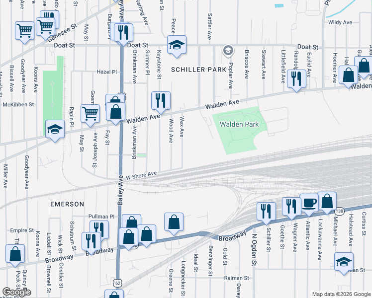 map of restaurants, bars, coffee shops, grocery stores, and more near 39 Wex Avenue in Buffalo