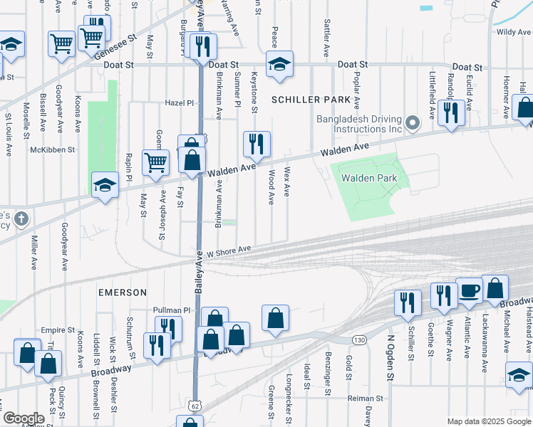 map of restaurants, bars, coffee shops, grocery stores, and more near 43 Keystone Street in Buffalo