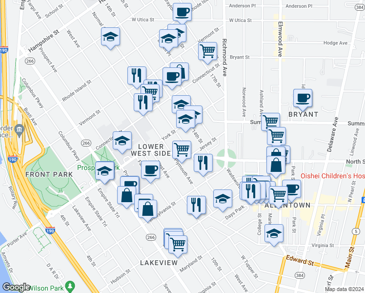 map of restaurants, bars, coffee shops, grocery stores, and more near 458 Porter Avenue in Buffalo