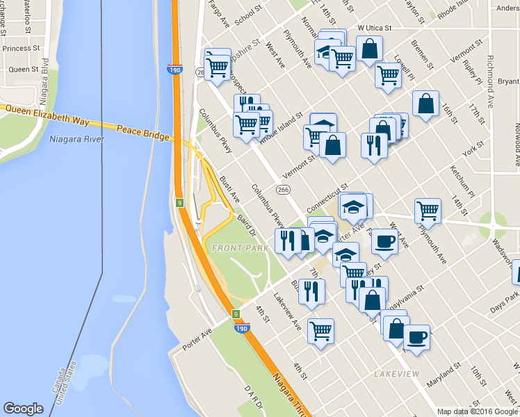 map of restaurants, bars, coffee shops, grocery stores, and more near 702 Columbus Parkway in Buffalo