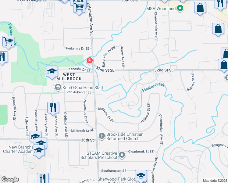 map of restaurants, bars, coffee shops, grocery stores, and more near 1663 Derbyshire Street Southeast in Grand Rapids