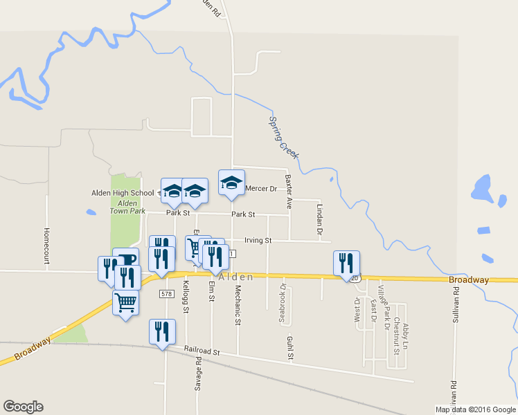 map of restaurants, bars, coffee shops, grocery stores, and more near 13352 Park St in Alden