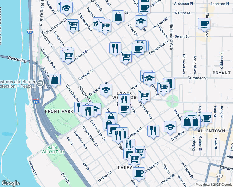 map of restaurants, bars, coffee shops, grocery stores, and more near 279 Fargo Avenue in Buffalo
