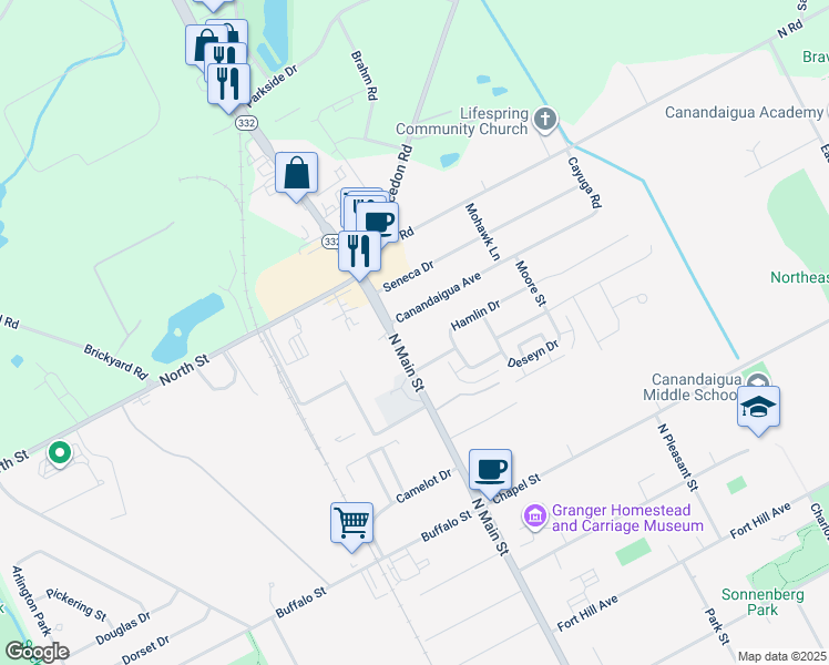 map of restaurants, bars, coffee shops, grocery stores, and more near 495 North Main Street in Canandaigua