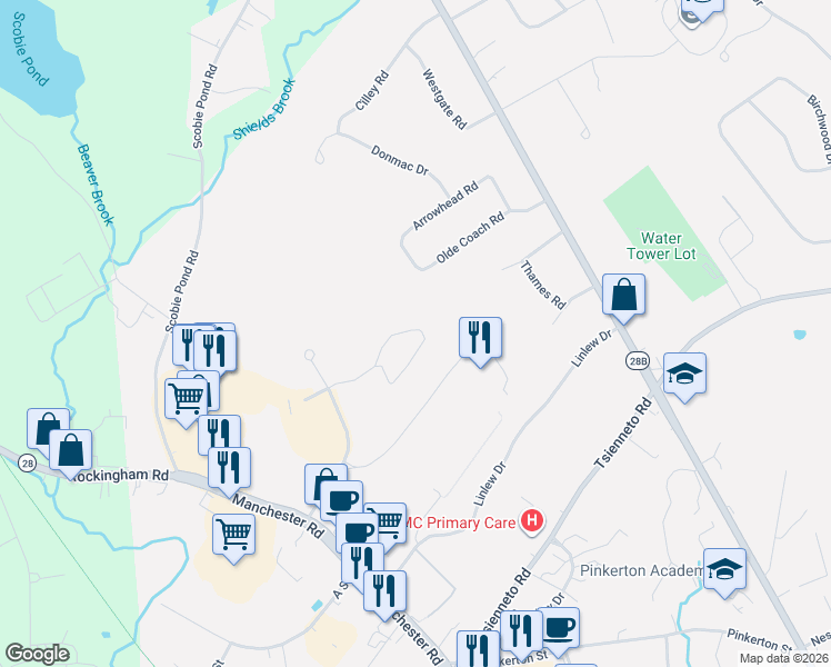 map of restaurants, bars, coffee shops, grocery stores, and more near 61 Bypass 28 in Derry