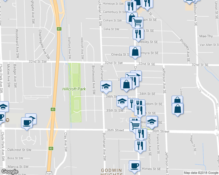 map of restaurants, bars, coffee shops, grocery stores, and more near 161 34th Street Southwest in Wyoming