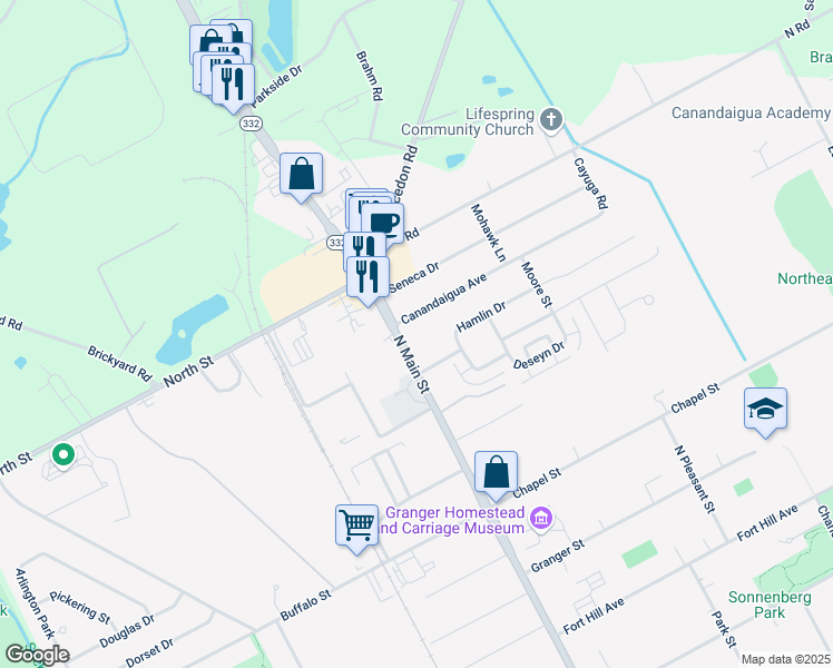 map of restaurants, bars, coffee shops, grocery stores, and more near 495 North Main Street in Canandaigua