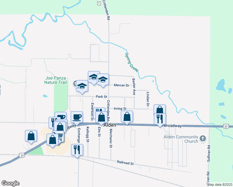 map of restaurants, bars, coffee shops, grocery stores, and more near 13352 Park Street in Alden