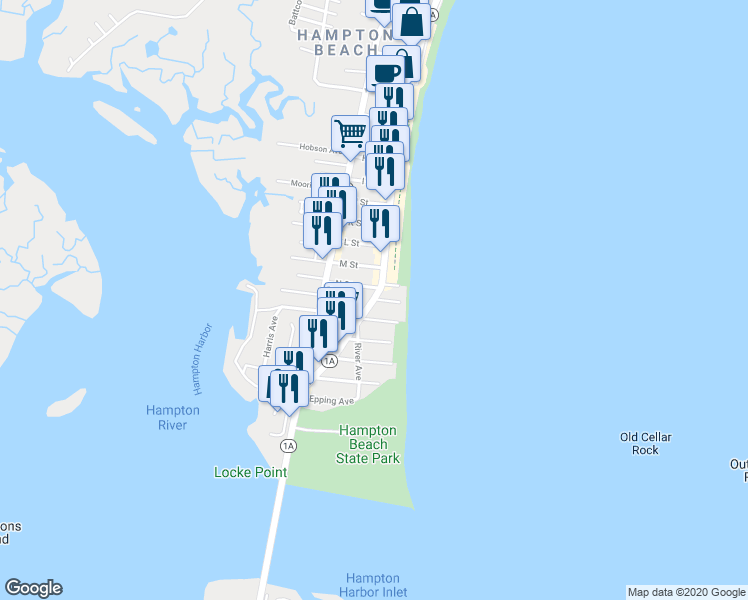map of restaurants, bars, coffee shops, grocery stores, and more near 2 Bradford Avenue in Hampton