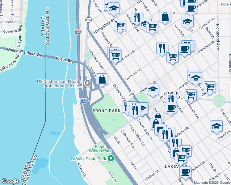map of restaurants, bars, coffee shops, grocery stores, and more near 702 Columbus Parkway in Buffalo