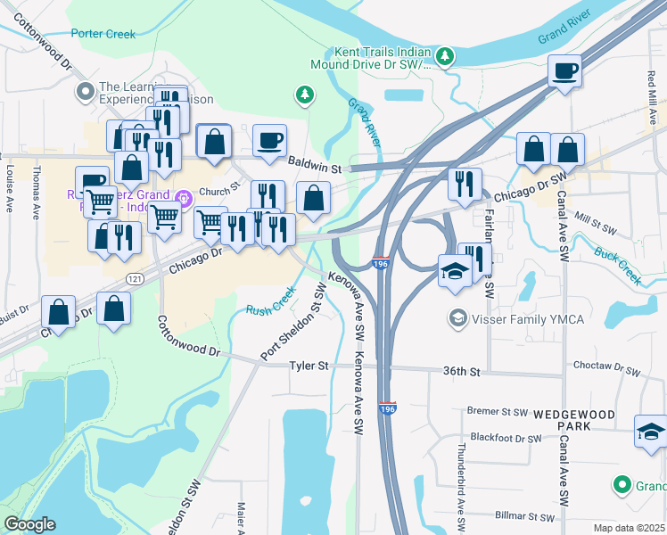 map of restaurants, bars, coffee shops, grocery stores, and more near 28 Port Sheldon Street Southwest in Grandville