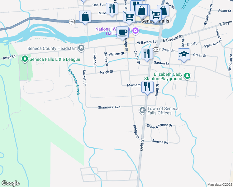 map of restaurants, bars, coffee shops, grocery stores, and more near 26 Mechanic Street in Seneca Falls