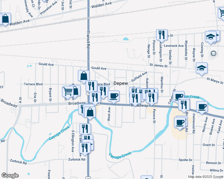 map of restaurants, bars, coffee shops, grocery stores, and more near 45 Meridian Street in Depew