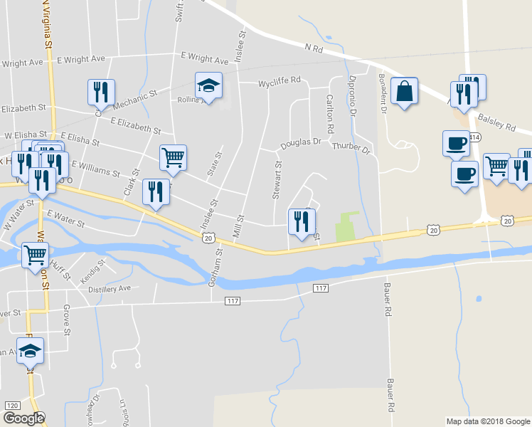 map of restaurants, bars, coffee shops, grocery stores, and more near 3 Stewart Street in Waterloo