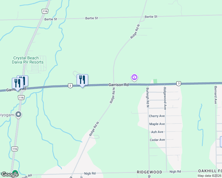 map of restaurants, bars, coffee shops, grocery stores, and more near 1043 Ridge Road North in Fort Erie