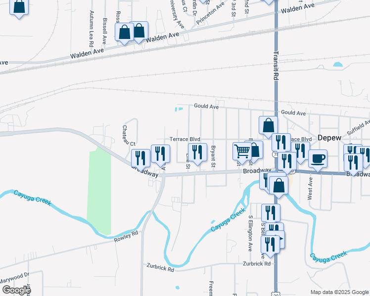 map of restaurants, bars, coffee shops, grocery stores, and more near 46 Erie Street in Depew
