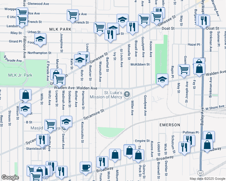 map of restaurants, bars, coffee shops, grocery stores, and more near 132 Ruhland Avenue in Buffalo
