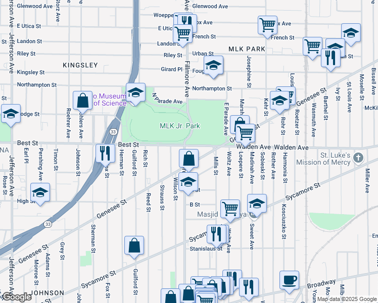 map of restaurants, bars, coffee shops, grocery stores, and more near 1076 Genesee Street in Buffalo