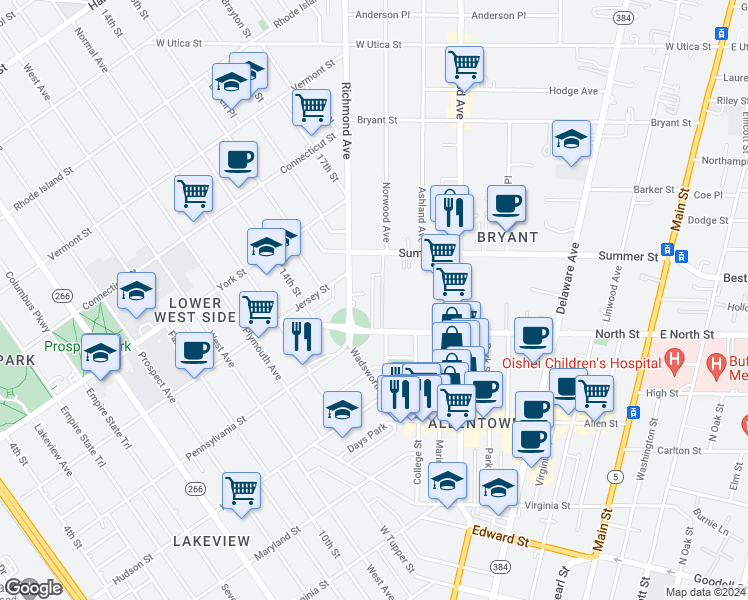 map of restaurants, bars, coffee shops, grocery stores, and more near 303 North Street in Buffalo