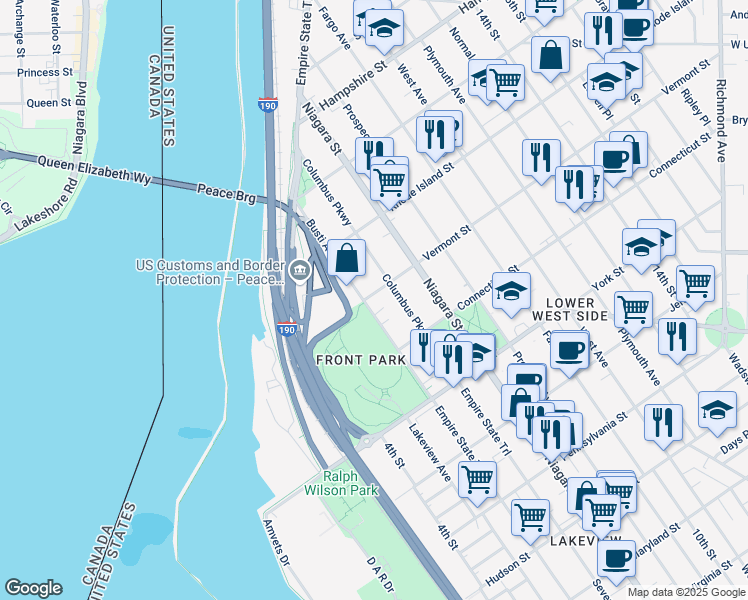 map of restaurants, bars, coffee shops, grocery stores, and more near 713 Busti Avenue in Buffalo