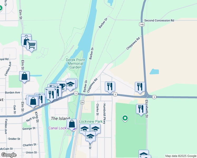 map of restaurants, bars, coffee shops, grocery stores, and more near in Port Colborne