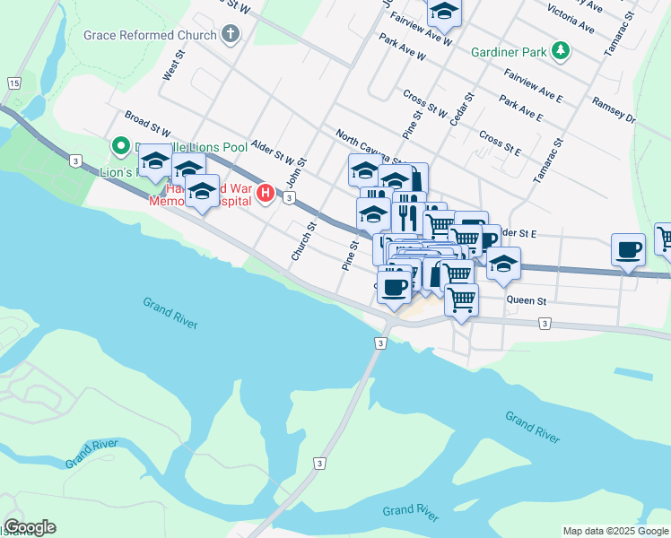 map of restaurants, bars, coffee shops, grocery stores, and more near 123 Pine Street in Haldimand County