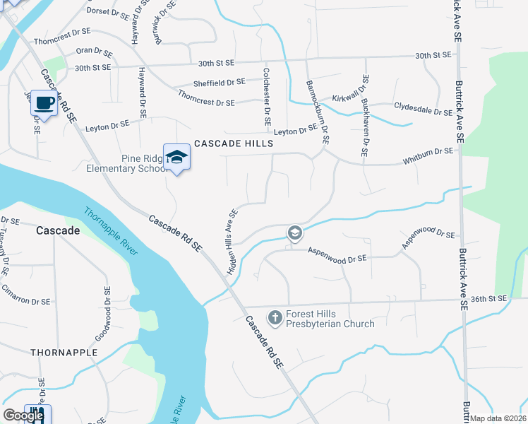 map of restaurants, bars, coffee shops, grocery stores, and more near 7525 Candlewood Drive Southeast in Grand Rapids