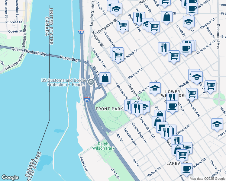 map of restaurants, bars, coffee shops, grocery stores, and more near 713 Busti Avenue in Buffalo