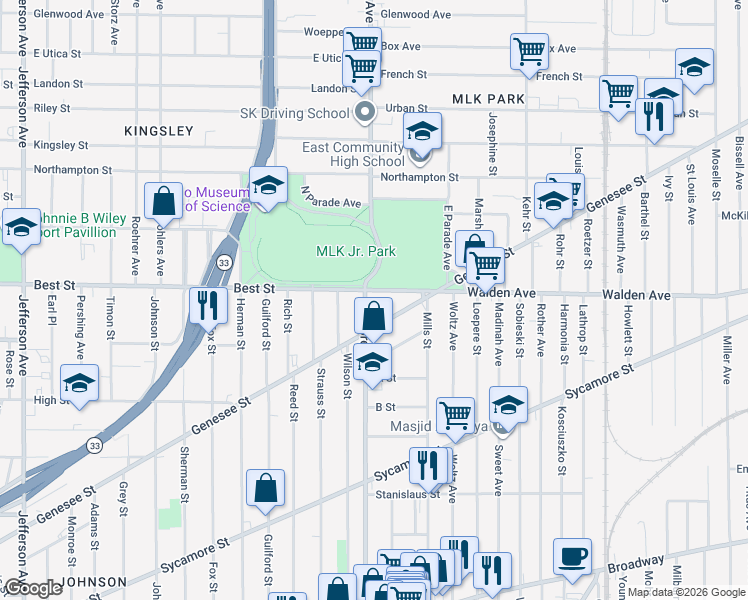 map of restaurants, bars, coffee shops, grocery stores, and more near 769 Best Street in Buffalo