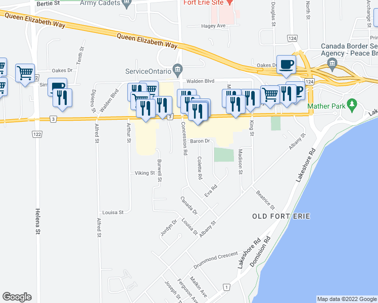 map of restaurants, bars, coffee shops, grocery stores, and more near 978 Concession Road in Fort Erie