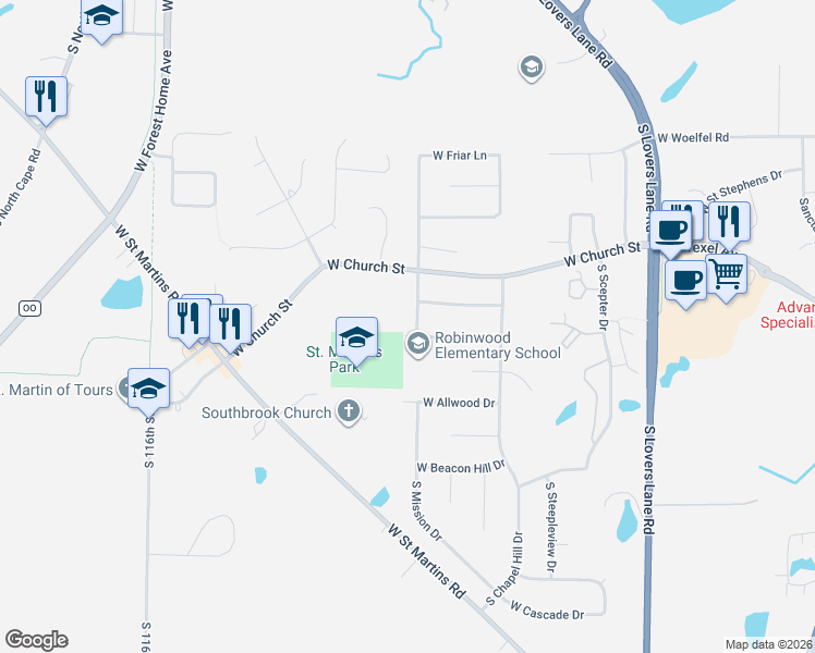 map of restaurants, bars, coffee shops, grocery stores, and more near 7785 South Mission Drive in Franklin