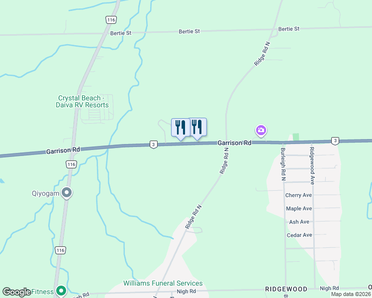 map of restaurants, bars, coffee shops, grocery stores, and more near 3551 Garrison Road in Fort Erie