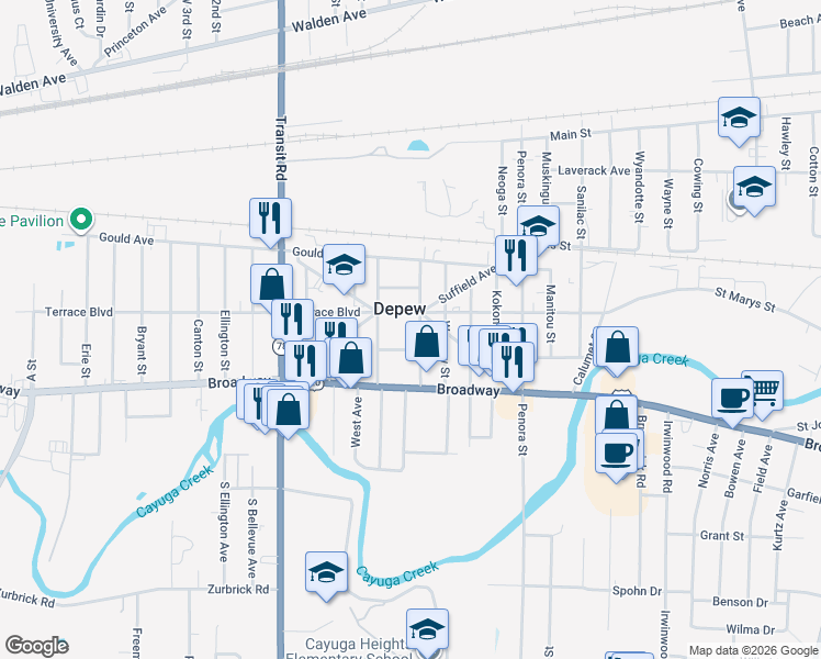map of restaurants, bars, coffee shops, grocery stores, and more near 591 Terrace Boulevard in Depew