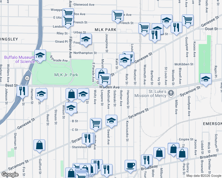 map of restaurants, bars, coffee shops, grocery stores, and more near 311 Sobieski Street in Buffalo