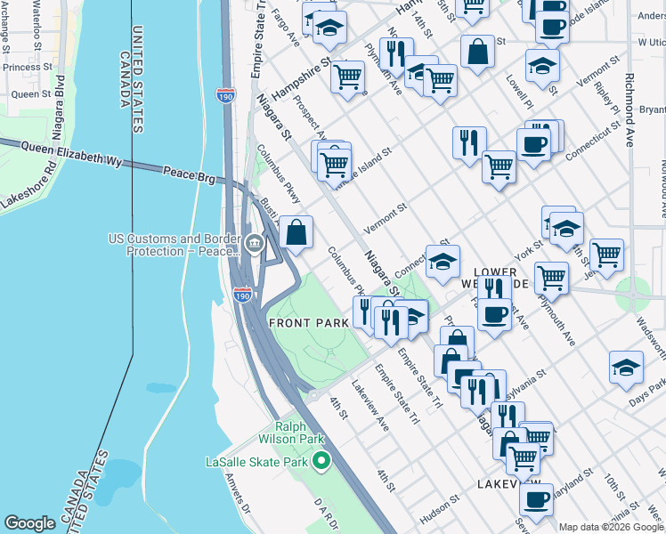 map of restaurants, bars, coffee shops, grocery stores, and more near 724 Columbus Parkway in Buffalo