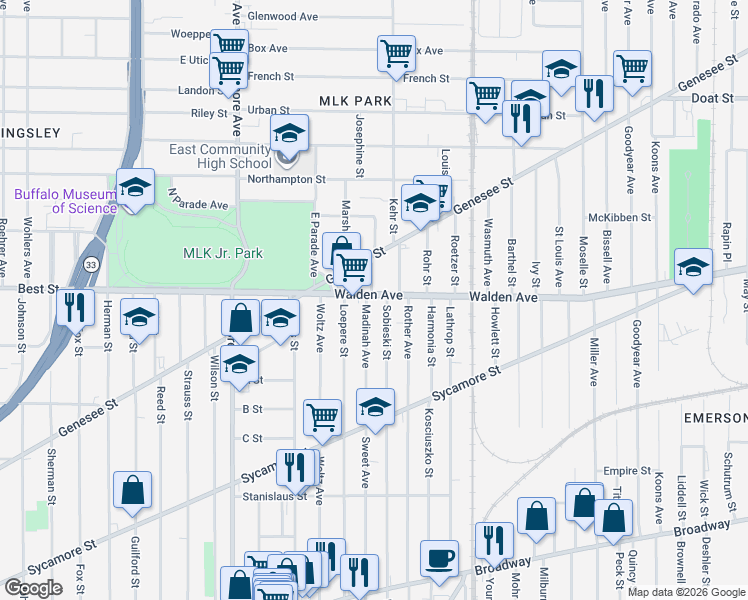 map of restaurants, bars, coffee shops, grocery stores, and more near 311 Sobieski Street in Buffalo
