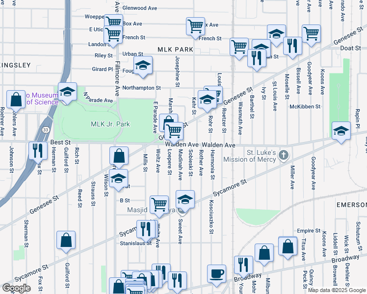 map of restaurants, bars, coffee shops, grocery stores, and more near 484 Sweet Avenue in Buffalo