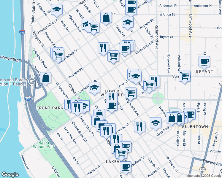 map of restaurants, bars, coffee shops, grocery stores, and more near 396 Porter Avenue in Buffalo