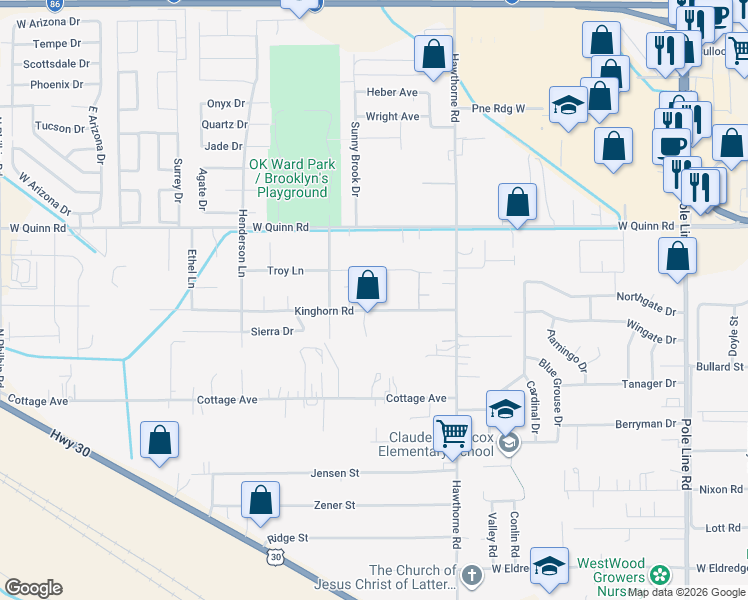 map of restaurants, bars, coffee shops, grocery stores, and more near 1323 Kinghorn Road in Pocatello