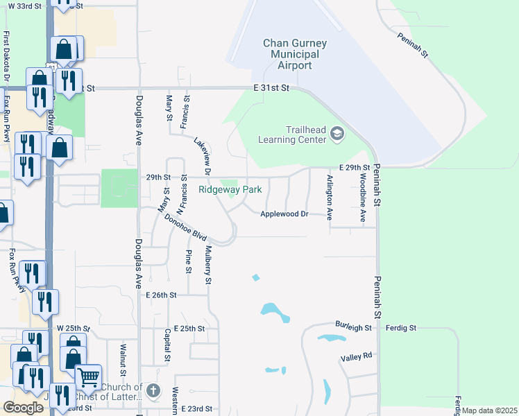 map of restaurants, bars, coffee shops, grocery stores, and more near 506 Applewood Drive in Yankton
