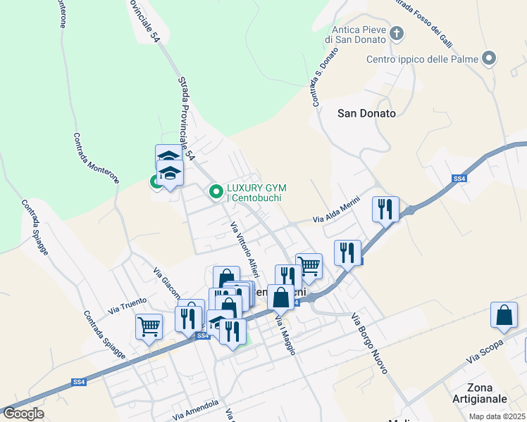 map of restaurants, bars, coffee shops, grocery stores, and more near Via San Giacomo in Centobuchi
