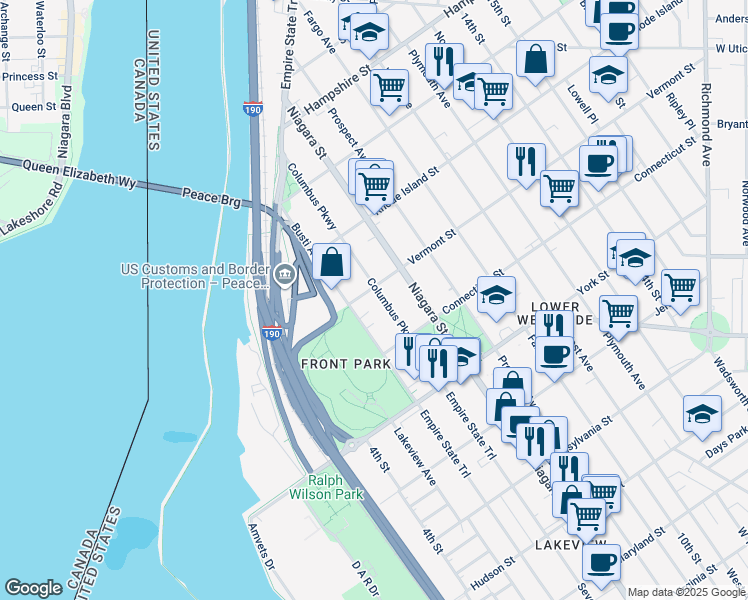 map of restaurants, bars, coffee shops, grocery stores, and more near 724 Columbus Parkway in Buffalo