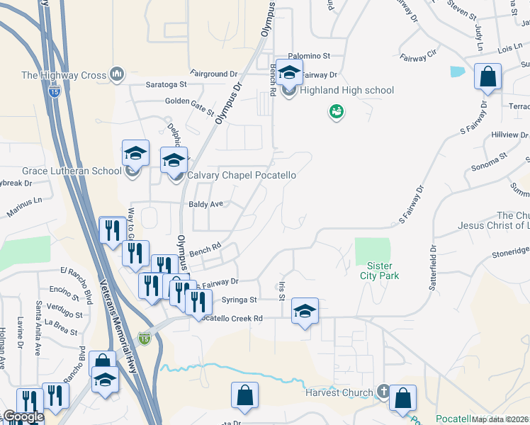 map of restaurants, bars, coffee shops, grocery stores, and more near 1560 Bench Road in Pocatello
